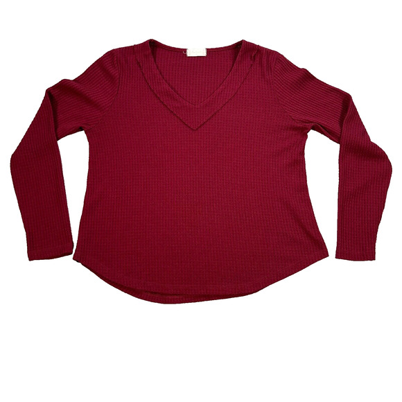 Altar’d State Waffle Knit Shirt Size Medium Burgundy V-Neck Long Sleeve - Picture 1 of 9